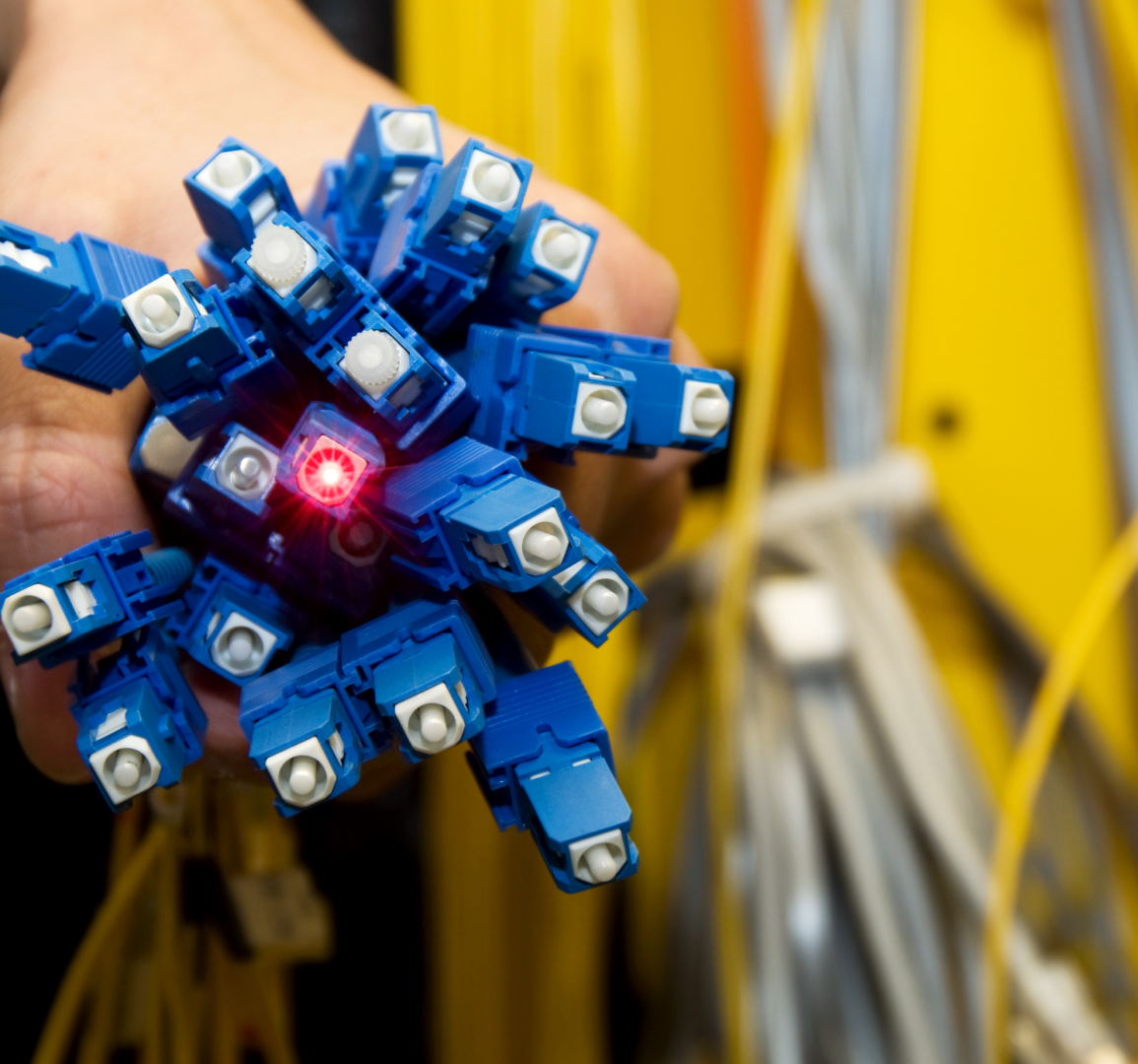 Hand holding blue fiber optic cables.