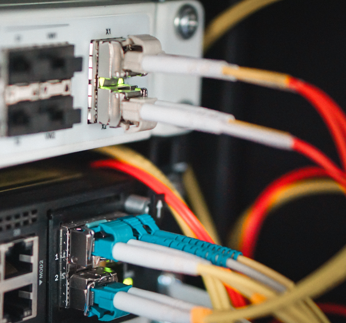 Network cables connected to hardware equipment.