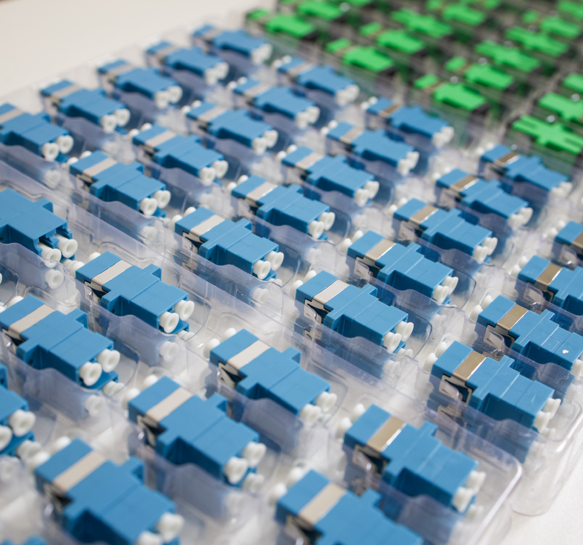 Rows of blue and green fiber optic adapters.