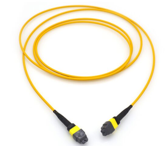 Yellow fiber optic cable with connectors.