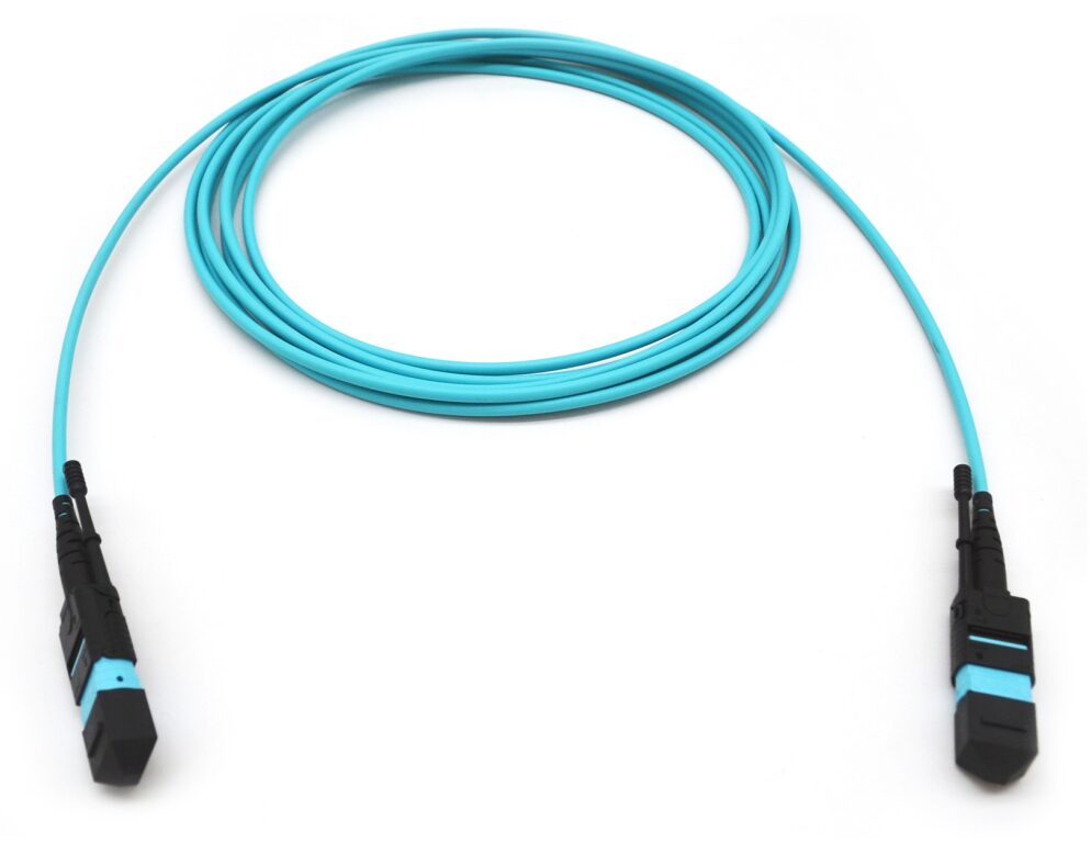 Teal fiber optic cable with connectors.