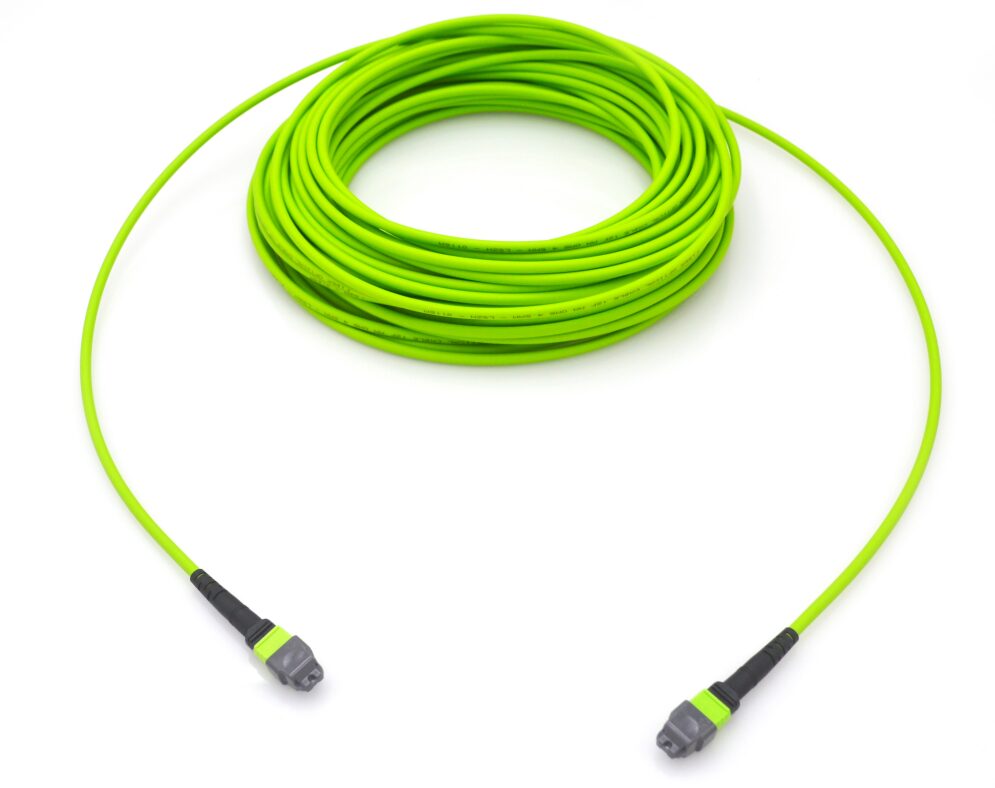 Bright green fiber optic cable coiled neatly.