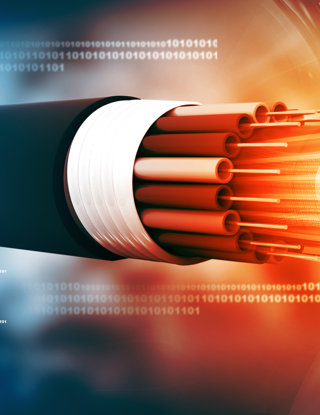 Fiber optic cable with glowing binary code.