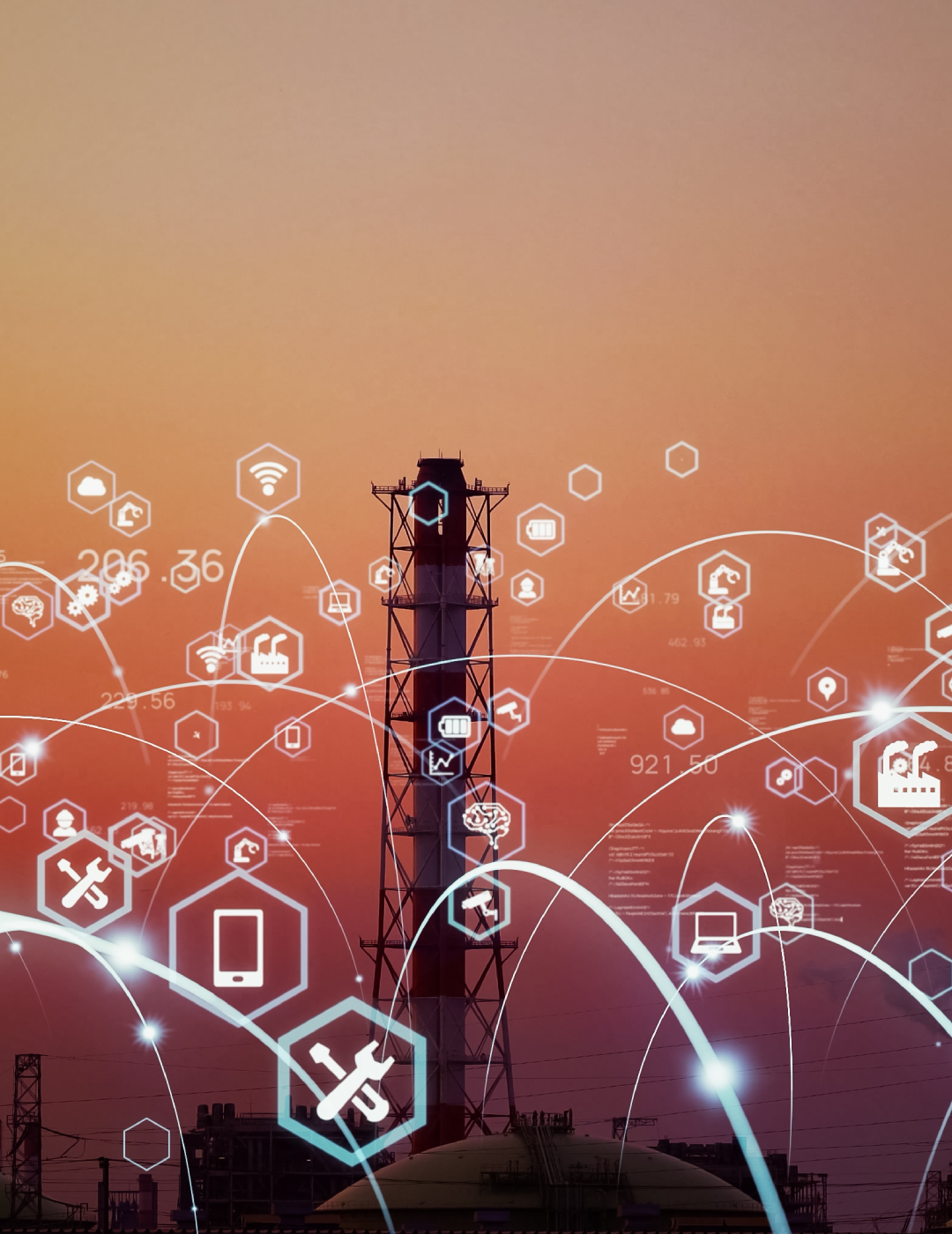 Futuristic technology icons over industrial landscape.