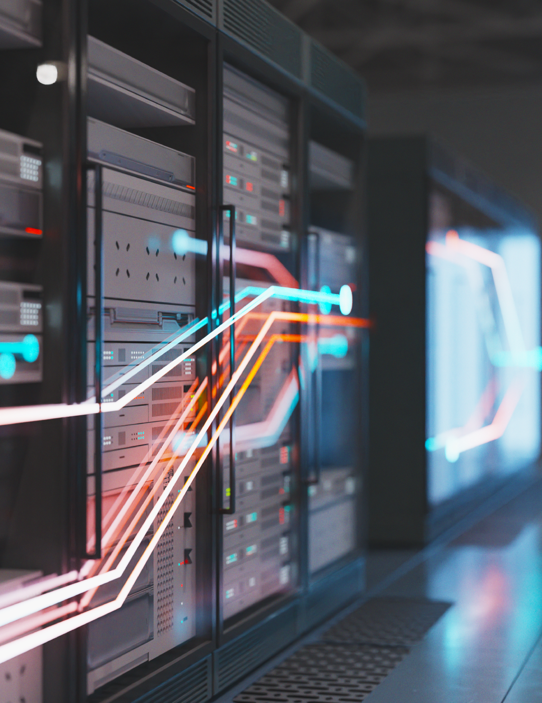 Data servers with colorful digital lines.