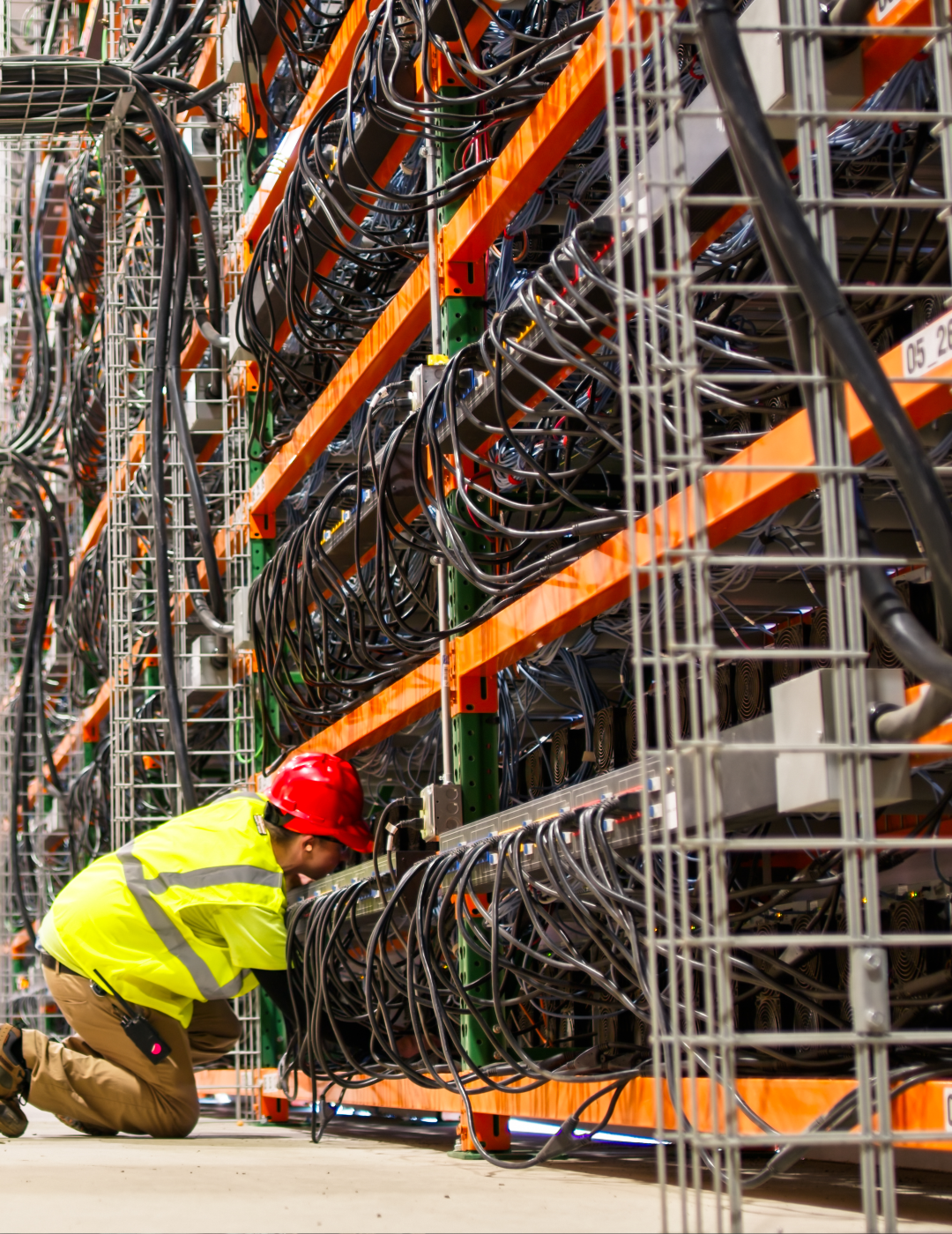 Worker inspecting server racks in data center.