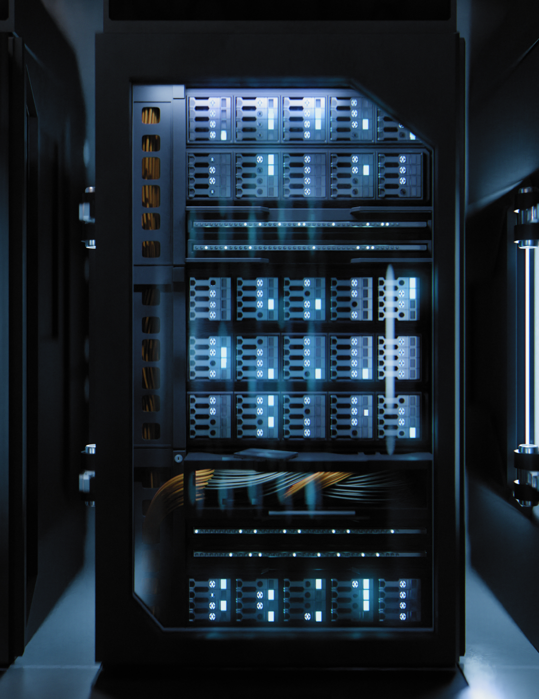 Server rack with glowing blue lights.