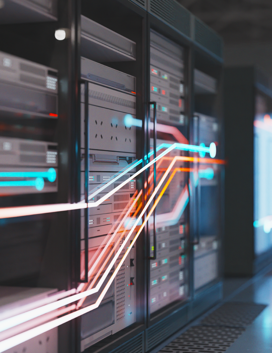 Server room with colorful data lines.