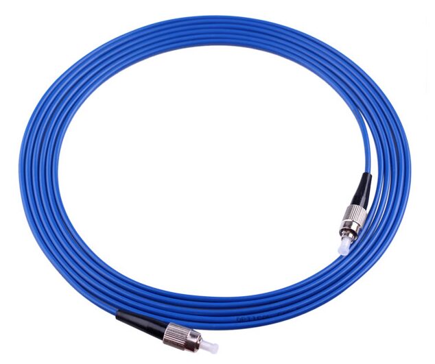 Blue fiber optic cable with connectors.