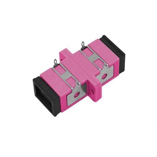 Pink fiber optic adapter with black ends.