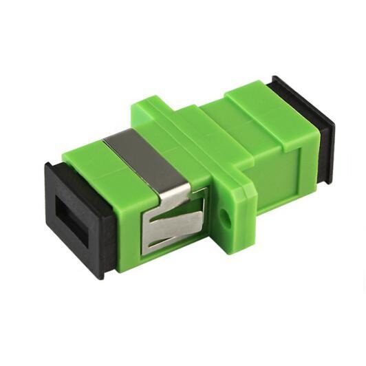Green fiber optic adapter with metal clip.