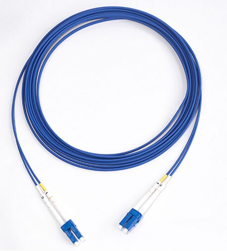 Blue fiber optic cable with connectors.