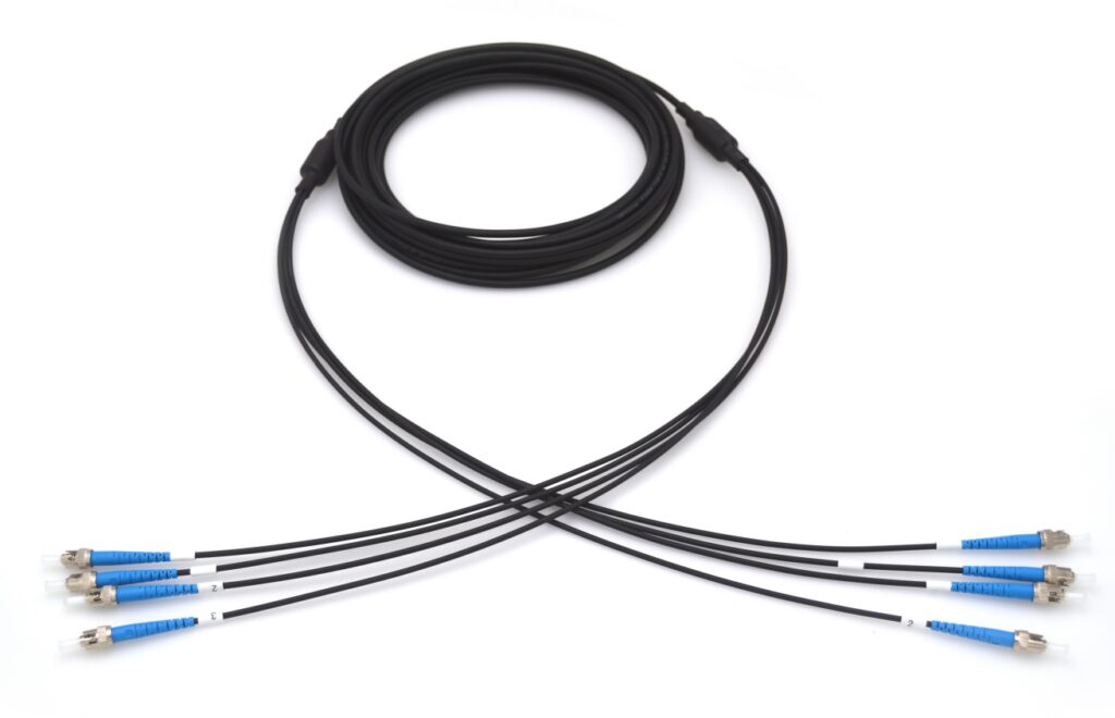 Black fiber optic cable with blue connectors.