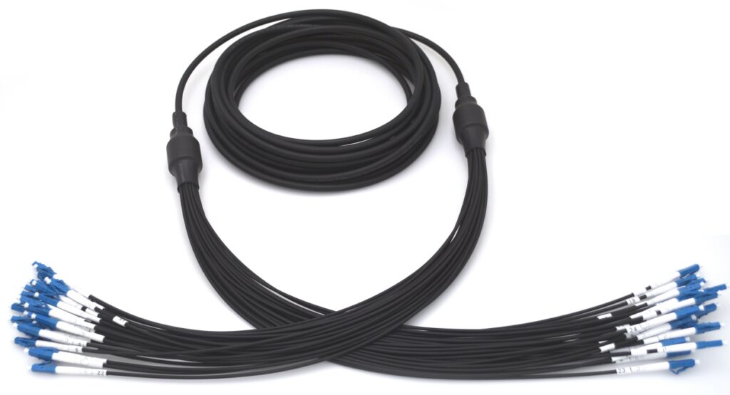 Black fiber optic cable with blue connectors.