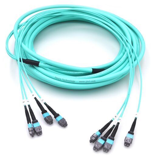 Aqua fiber optic cables with connectors.
