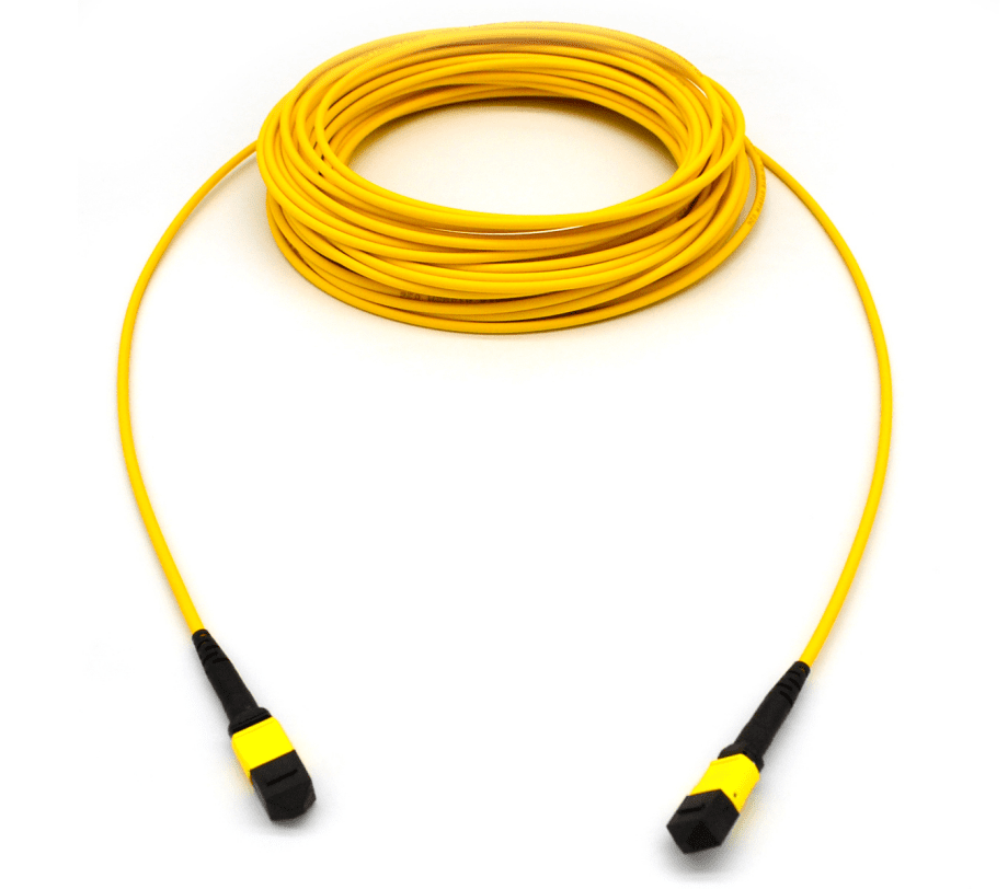 Yellow fiber optic cable with black connectors.
