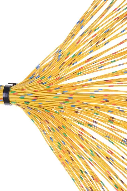 Colorful optical fiber cables fanned out.