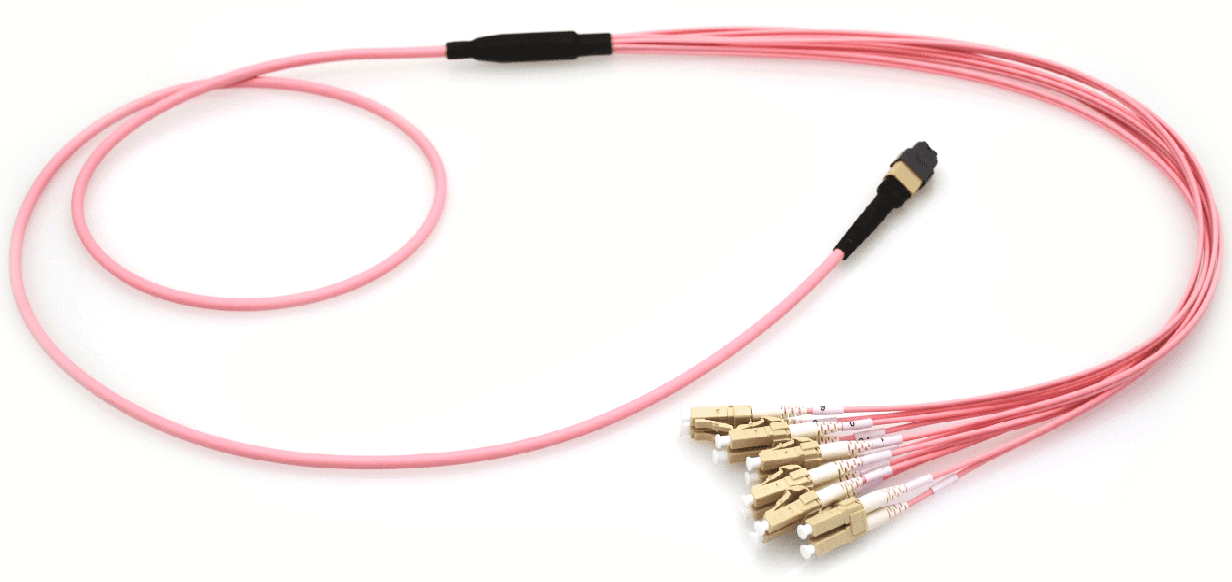 Pink fiber optic cable with multiple connectors.