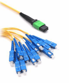 Blue fiber optic connectors with yellow cables.