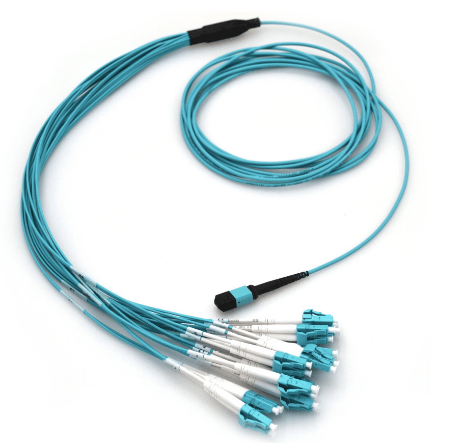 Teal fiber optic cables with connectors.