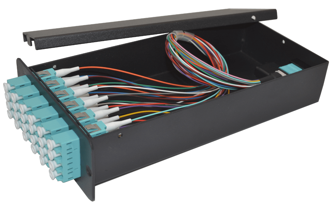 Fiber optic cable management box with lid.
