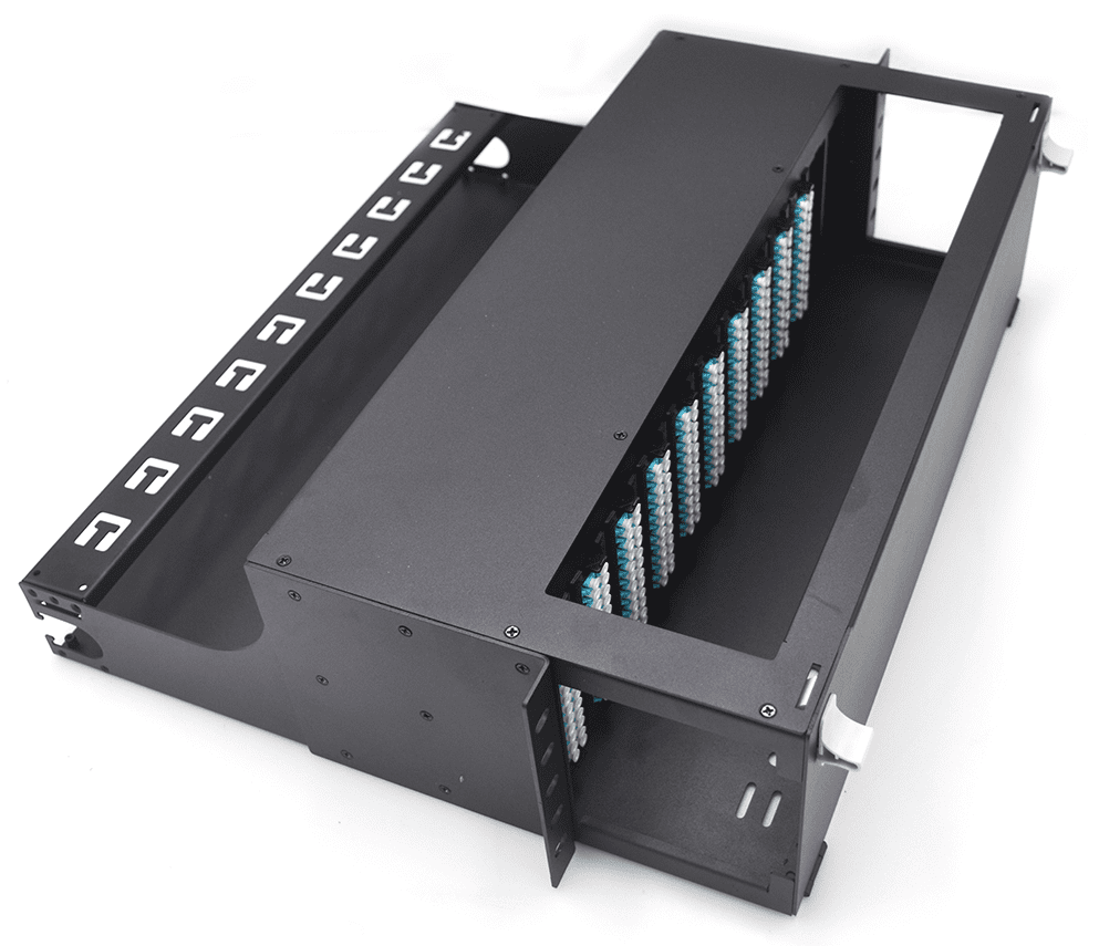Black metal rackmount fiber optic patch panel.