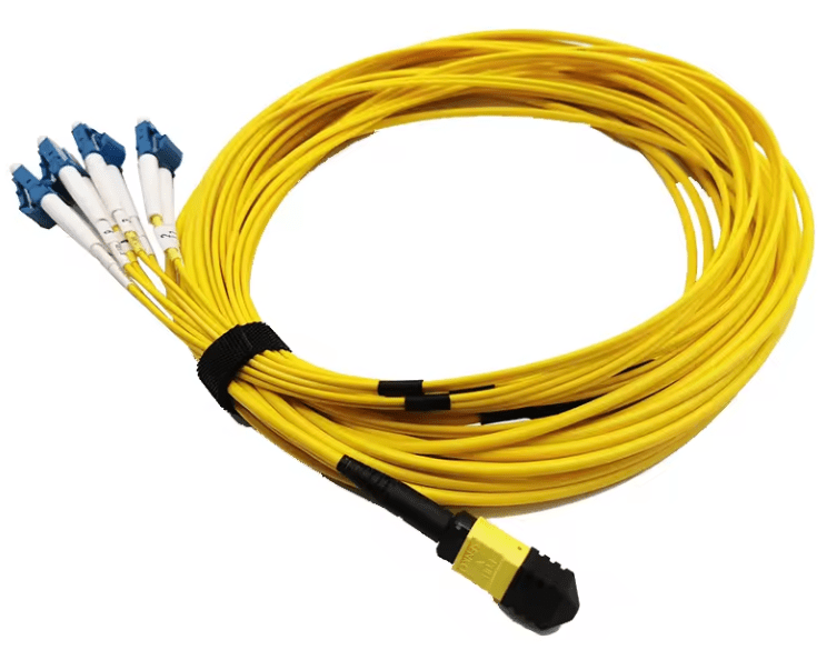 Coiled yellow fiber optic cable with connectors.