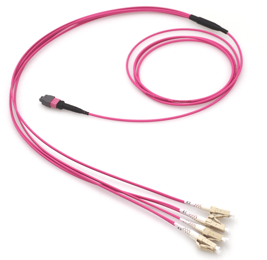 Pink fiber optic cable with connectors.