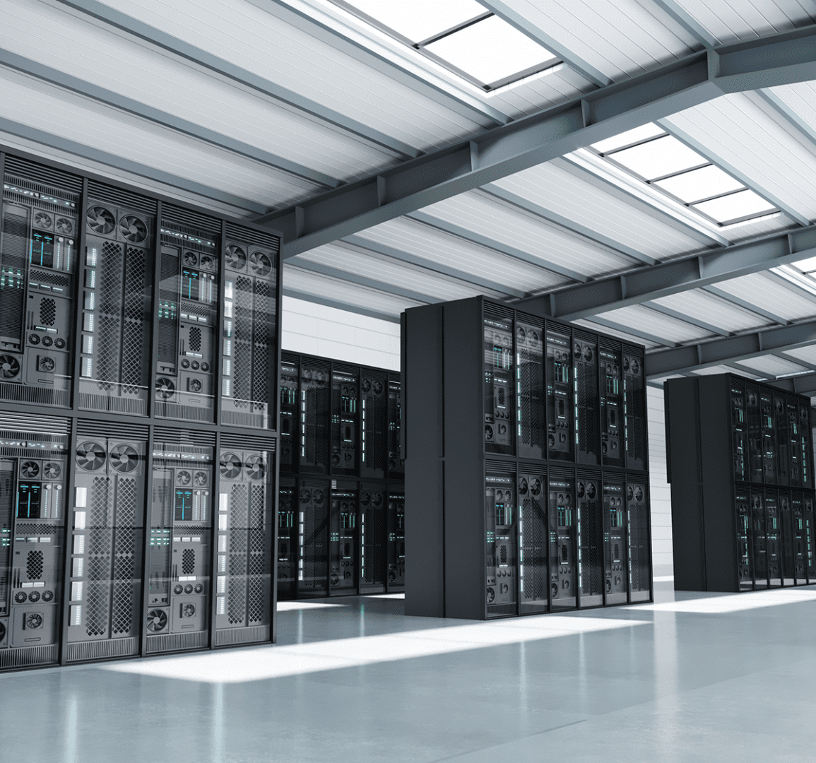 Modern data center with server racks.