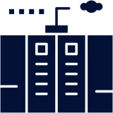 Data center icon with cloud and cables.