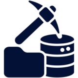 Pickaxe with folder and database icon.