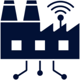 Factory with digital and wireless technology icons.