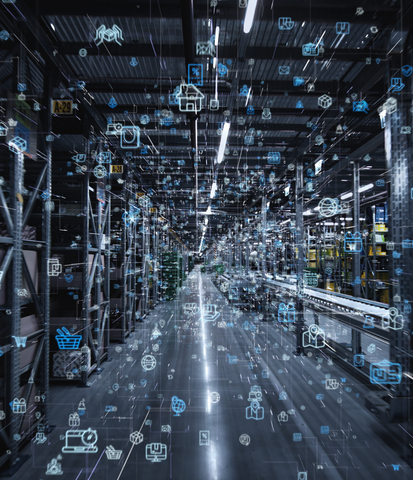 Warehouse with digital network overlay and icons.