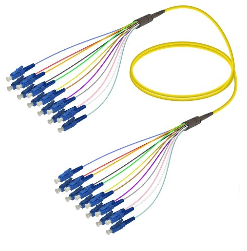 Yellow fiber optic cable with multiple connectors.